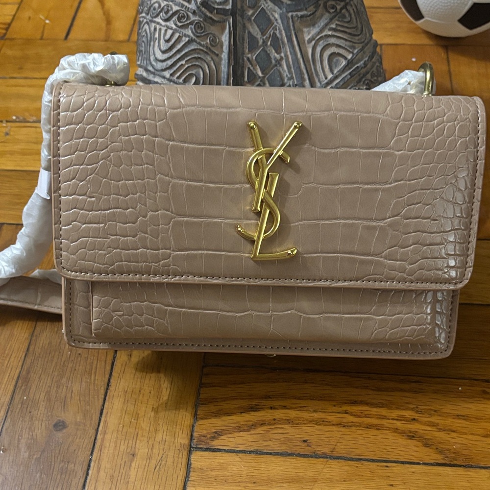 Beige Croc-Embossed Crossbody Bag